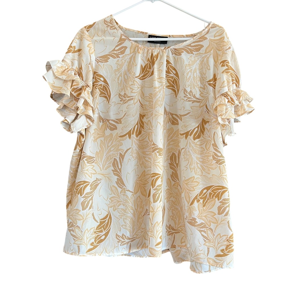 Lane Bryant Ruffle Sleeve Tropical Leaf Blouse Mustard Tan Cream Plus Size 20